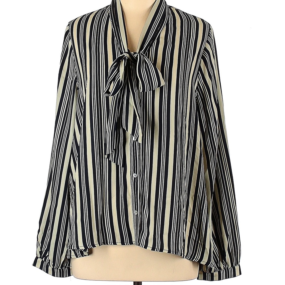 Eri + Ali Navy and Tan Tie Neck Long Sleeve Blouse